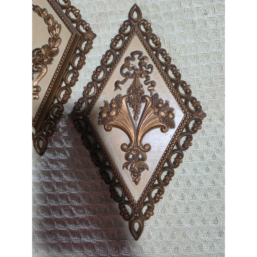 Vintage 1971 Homco Gold Diamond Wall Plaques Set of 4 Lyre Torch Urn 7226